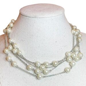 VTG Long Pearl & Silver Tone Statement Wrap Choker Necklace 62” Long